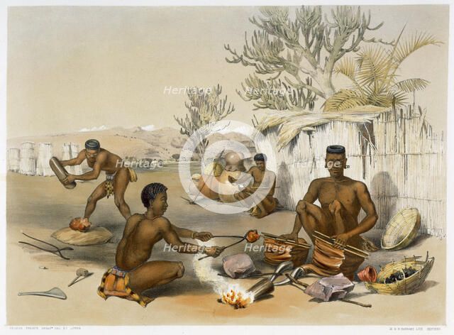 Zulu blacksmiths at work, 1849. Artist: George French Angas
