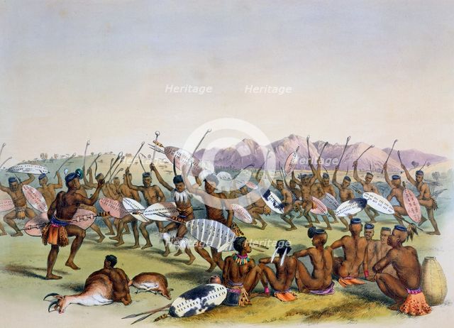 'Zulu Hunting Dance near the Engooi Mountains', 1849. Creator: George French Angas.