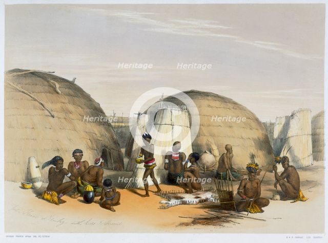 Zulu kraal at Umlazi with huts and screens, 1849. Creator: George French Angas.