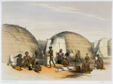Zulu kraal at Umlazi with huts and screens, 1849. Creator: George French Angas